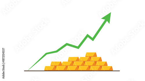 Group of polished gold bars arranged in an orderly stack, demonstrating a clear upward trend with a bold green arrow.