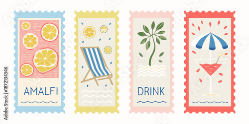Colorful summer themed stickers featuring citrus fruits beach chair and cocktails