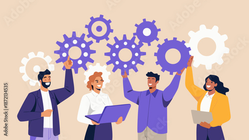 Teamwork and collaboration people lifting gears representing a successful system