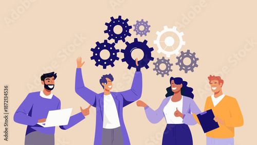 Teamwork and innovation people collaborating with gears representing complex systems