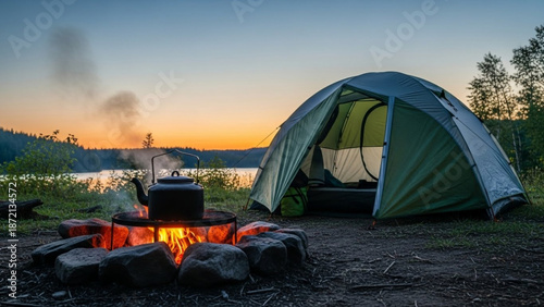 Cozy camping tent beside a campfire at lakeside during sunset  