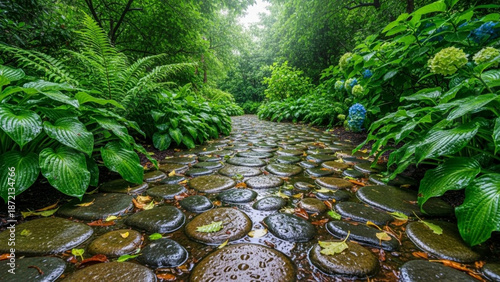 Lush garden pathway with stones after rain  surrounded by vibrant greenery  