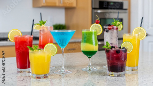 Colorful cocktails arranged on kitchen counter with fresh garnishes  