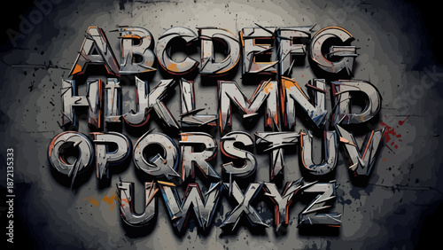 Industrial Metal Alphabet Letters in 3D Style with Textured Grunge and Splatter Effects