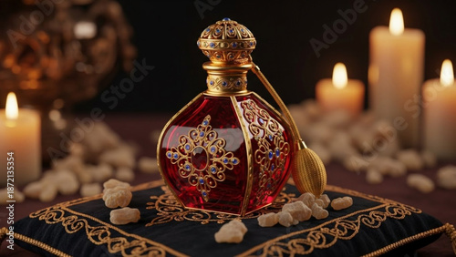 Elegant eastern red perfume bottle on ornate fabric with candles and stones  