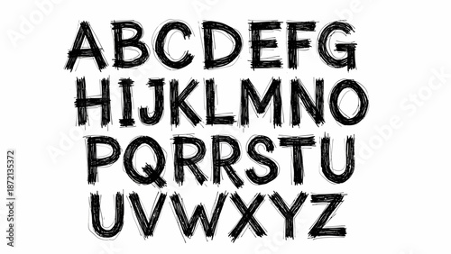 Artistic hand-drawn English alphabet in a rustic, textured brushstroke style, providing a unique and organic font for creative designs and educational resources