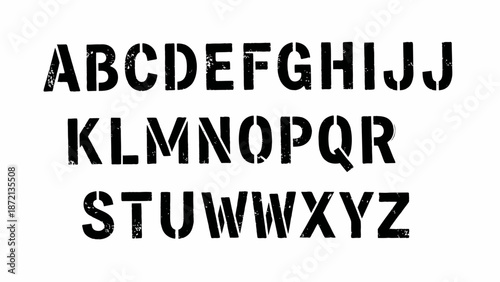 Complete set of uppercase stencil alphabet letters featuring a distressed and grunge texture, perfect for industrial, military, or urban design aesthetics, graphic art, and bold typography