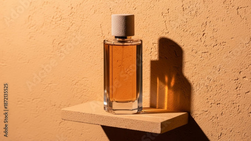 Glass sand color marocco perfume bottle with wooden shelf against textured wall  