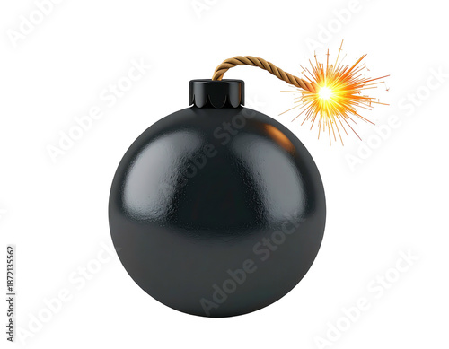 Shiny, round, black bomb with lit fuse, sparks on a dark background