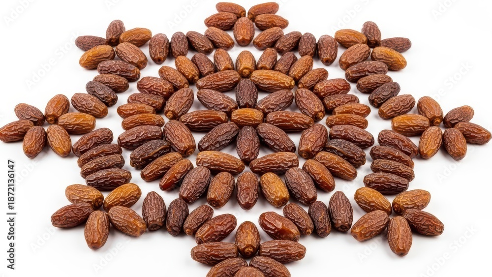 Obraz premium A high-angle studio shot emphasizes the rich brown texture of dried dates meticulously arranged into a symmetrical star pattern on a clean white surface.