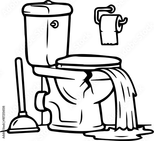 Broken Overflowing Toilet Line Art: Minimalist Plumbing Emergency Illustration with Plunger and Water Leak