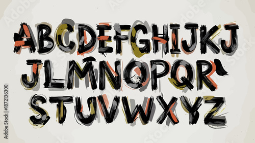 Handwritten alphabet with a textured brush stroke effect, showcasing a modern and artistic font design