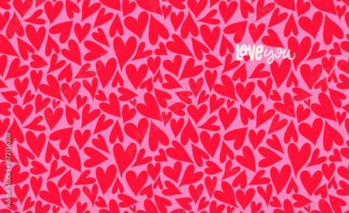 Seamless pattern love heart with the inscription I love you. Cute hand drawn romantic vector heart background print. Happy Valentine's day holiday backdrop texture, banner, romantic wedding, pattern.