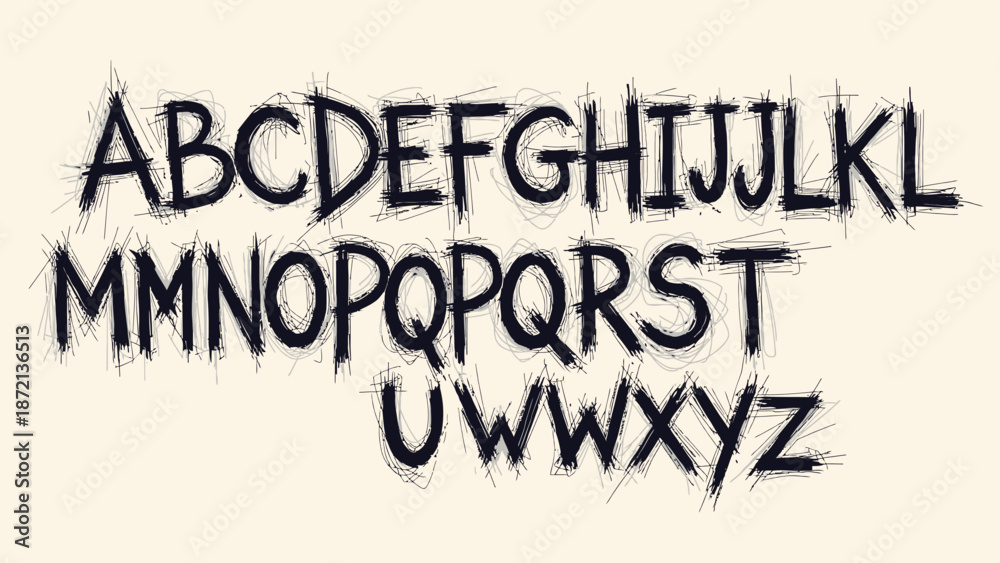 Obraz premium Grungy handmade alphabet font featuring a distressed and whisked texture, perfect for bold headlines and unique design projects