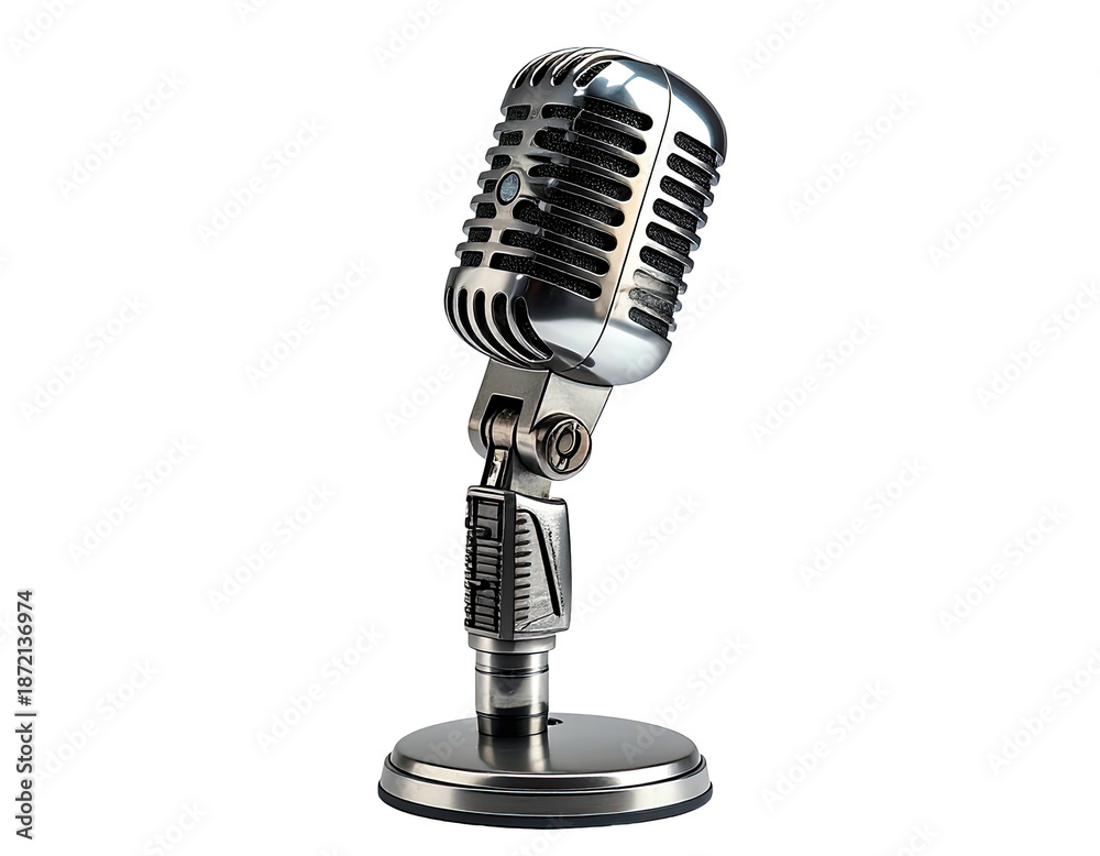 Fototapeta premium Shiny, vintage-style microphone on a dark background, studio-quality