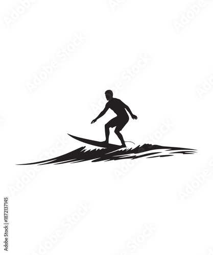 Silhouette of a surfer riding a wave, dynamic action against a graphic background.
