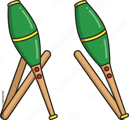 Juggling clubs illustration, circus performance equipment, colorful juggling props, street artist tool, entertainment concept, cartoon style vector design
