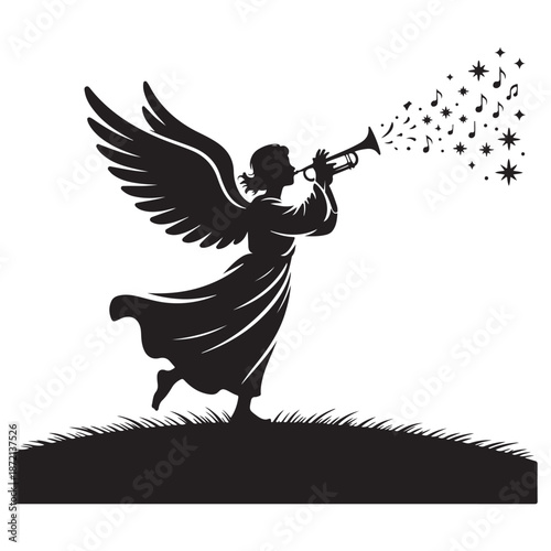 Angel blowing trumpet with musical notes and stars emerging