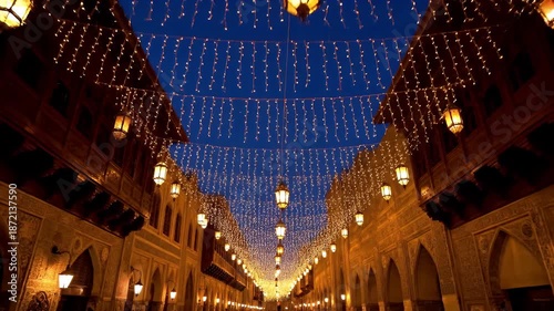 Sweeping cinematic crane over ancient city street, glowing Ramadan festive lights, warm gold and amber ambiance