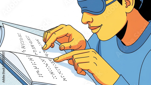 A visually impaired person wearing a blue sleep mask reads a braille book with their fingers exploring the raised dots on the page with blind