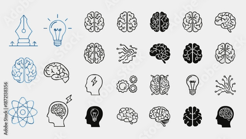 Brain and Idea Icons Set – Includes Neurons, Light Bulb, Head Silhouette, Atom. Vector Line Art, Minimalist, Editable Stroke, Blue and Black Variants.