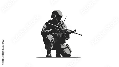 Soldier kneeling with rifle in combat stance.