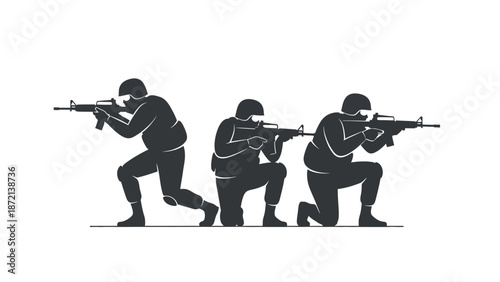 Three soldiers in combat stance with rifles.
