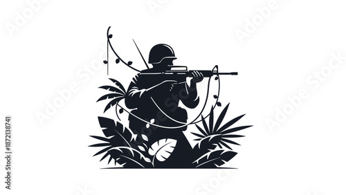 Soldier in camouflage aiming rifle in jungle environment.