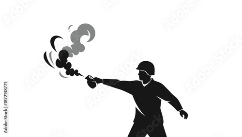 Silhouette of a man holding a smoke bomb or firework.