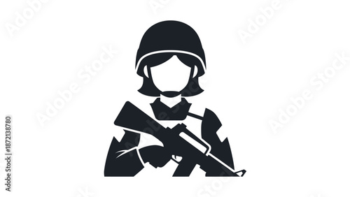 Silhouette of a female soldier holding a rifle and wearing a helmet.