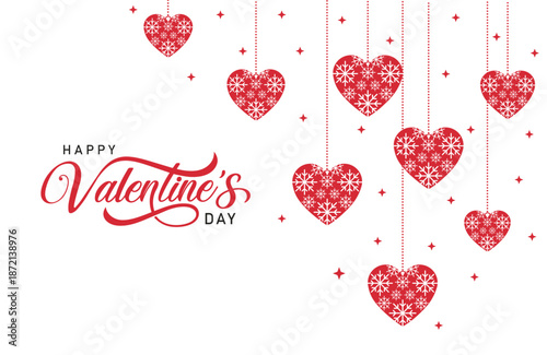 Happy Valentine's Day vector illustration features hanging red hearts with sparkling stars on a white background, elegant script text, and festive design perfect for greetings, card.