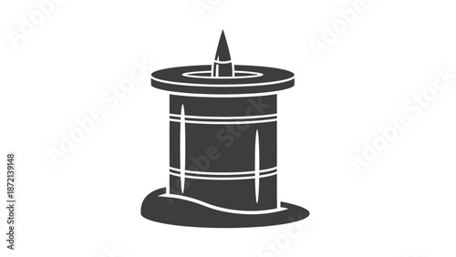Simple black and white illustration of a spool of thread with a needle.