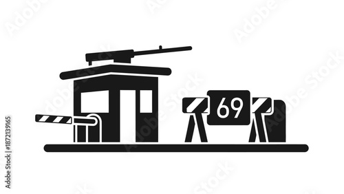Toll booth with barrier and number 69 sign illustration.