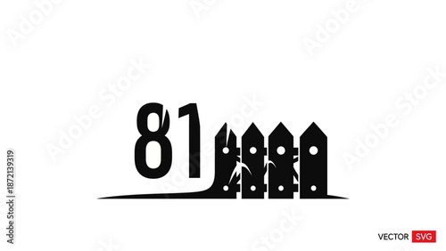Black silhouette of houses with number eighty one.