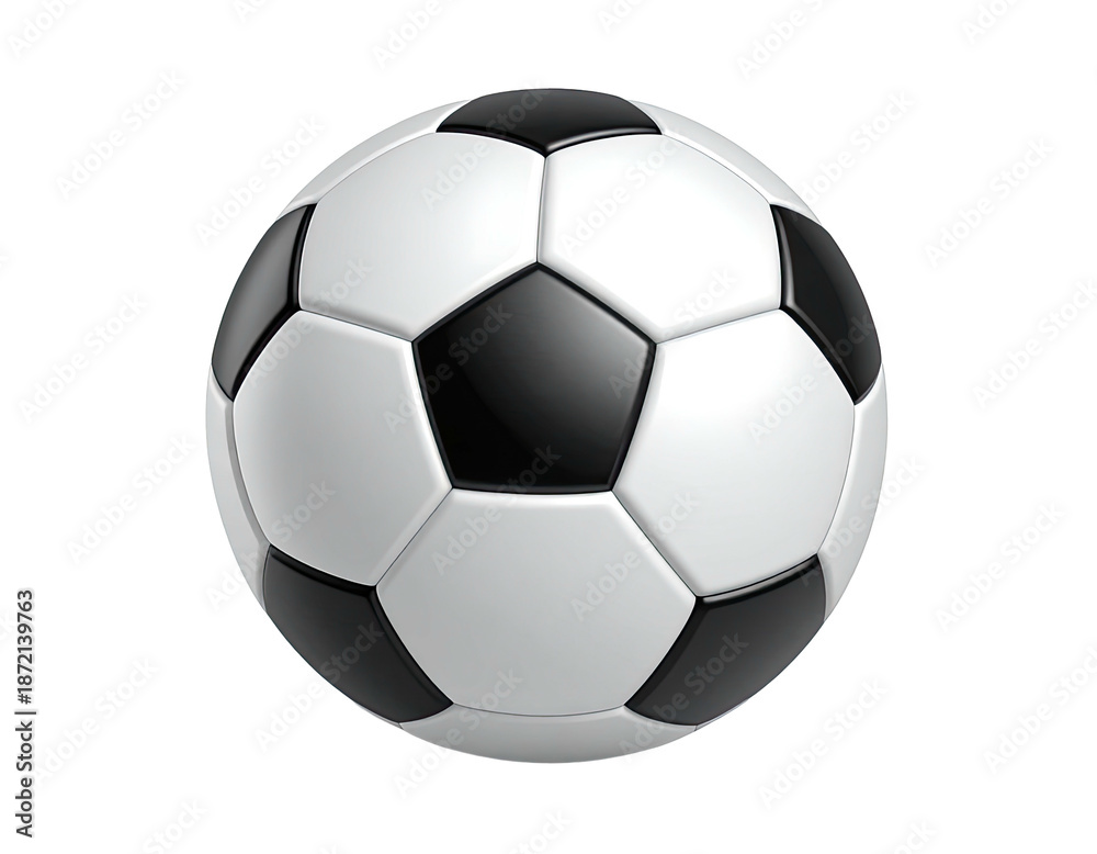 Fototapeta premium A photorealistic soccer ball, white and black pentagonal panels, on black