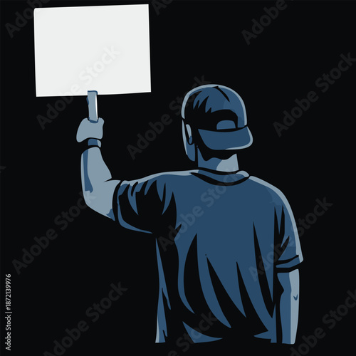 Vector illustration of a male protester holding a blank sign, banner and placards on a protest demostration or picket. People against violence, pollution, descrimination, human rights violation.