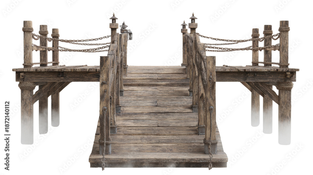 Obraz premium Old wooden pier bridge with rope railings representing rustic harbor dock pathway construction isolated object for design use on white background
