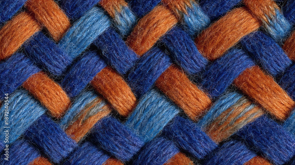 Fototapeta premium Interwoven strands of blue and orange yarn create a textured, patterned background.