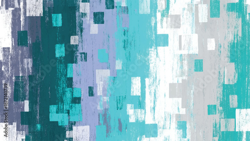 Abstract expressionist painting with teal, silver, and dark blue rectangular brushstrokes.