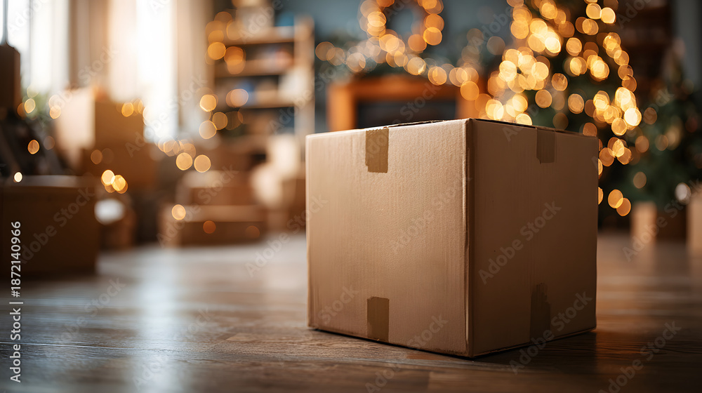 Fototapeta premium A cardboard box sits on the wooden floor amidst soft Christmas lights. The warm glow casts a cozy holiday ambiance on the simple parcel and the room beyond. Festive, rustic, & inviting.