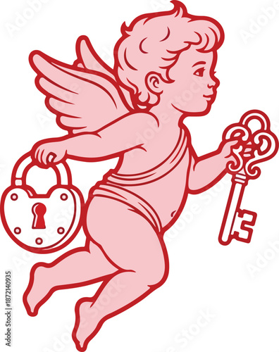 Schilderij op canvas Cupid Flying with Lock and Key.