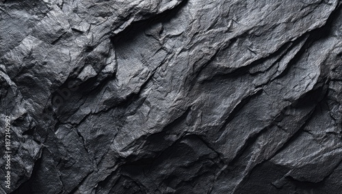 Close-up of dark grey, layered rock surface with rough texture and deep cracks