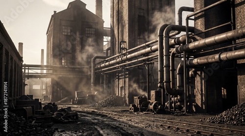 Industrial scene with old factory buildings and smoking chimneys, a glimpse into the past of manufacturing and heavy industry