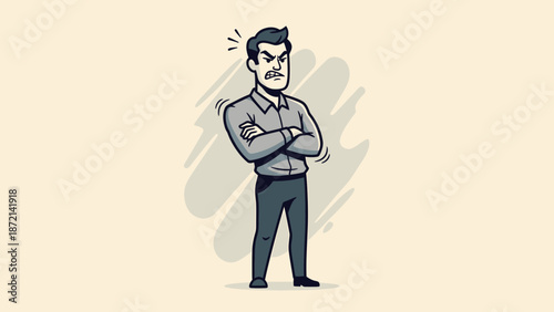 Cartoon Man with Arms Crossed and Angry Expression.