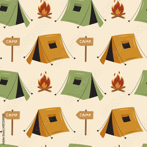 Seamless camping pattern with tents, campfire and wooden sign. Flat vector outdoor illustration on light background. Repeating pattern for textile, wallpaper, wrapping paper and kids projects.