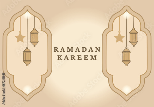 Ramadan Kareem Greeting with Hanging Lanterns and Ornate Arch Design