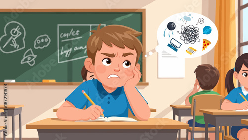 Frustrated student daydreaming in class unable to focus on lesson.