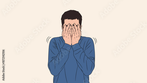 Man covering his face with hands in a gesture of fear.