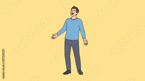 Man in Blue Shirt Singing with Open Arms.