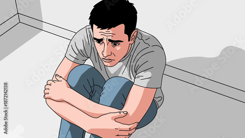 Man in despair sitting on the floor with arms around knees.